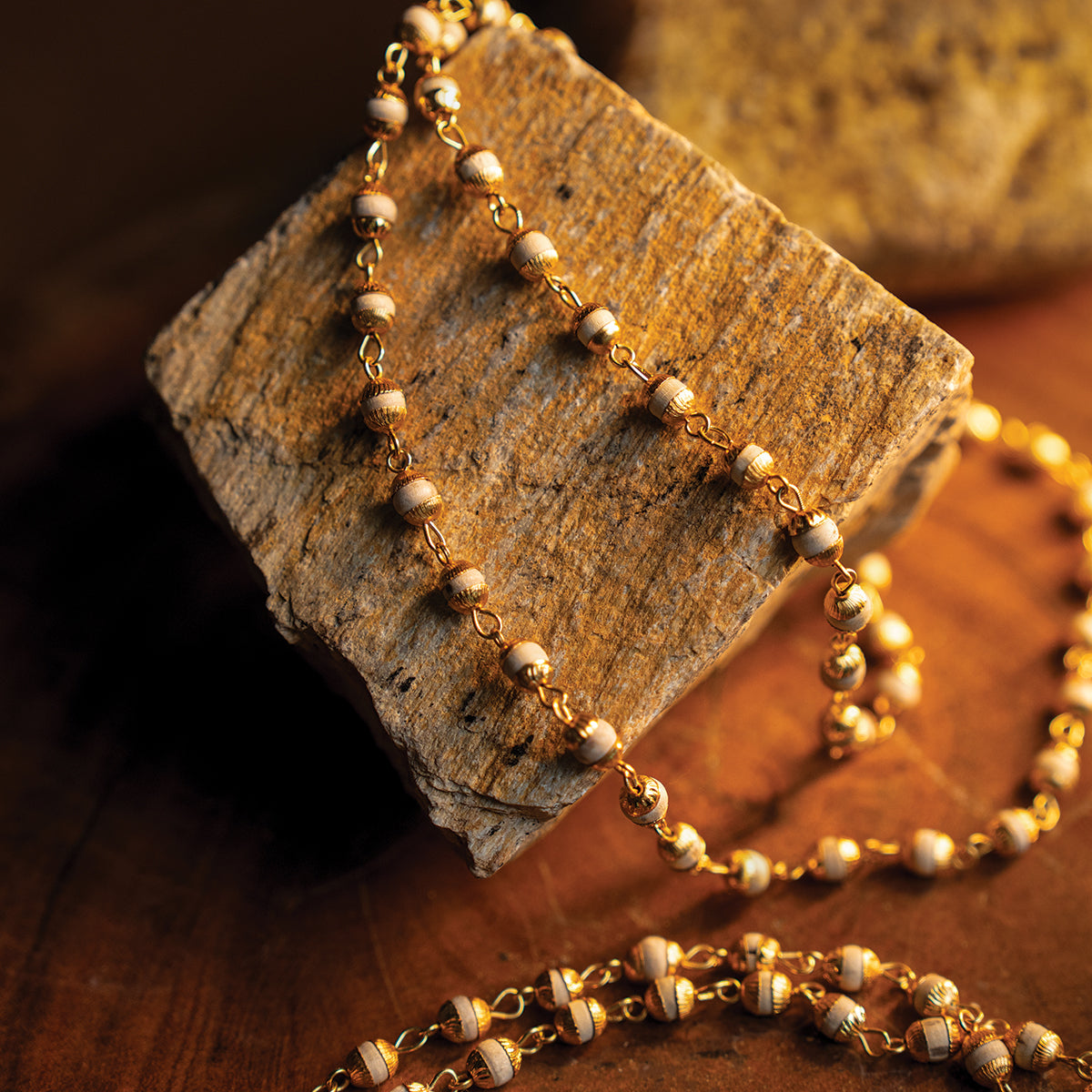 Tulsi Wood Bead Mala – Golden